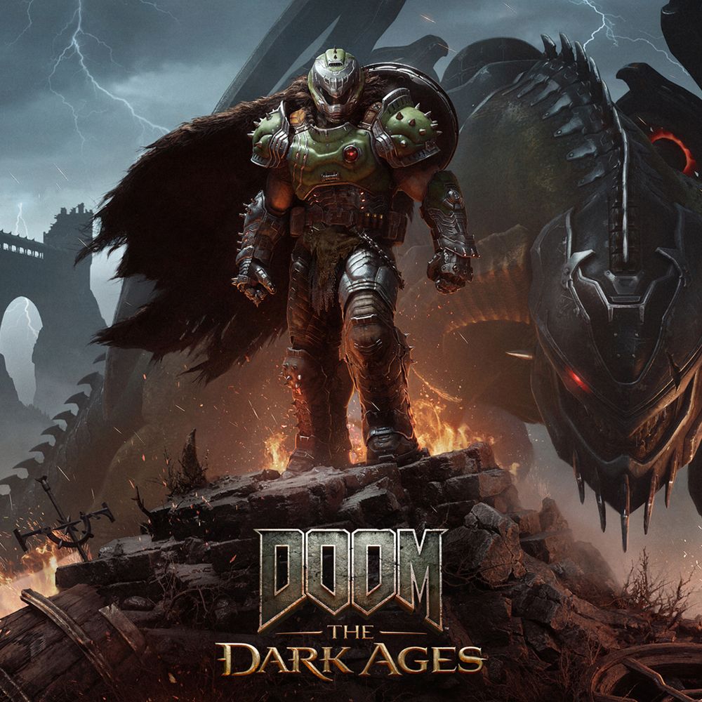 Image of DOOM Slayer and their dragon Serrat from the upcoming game DOOM: The Dark Ages.