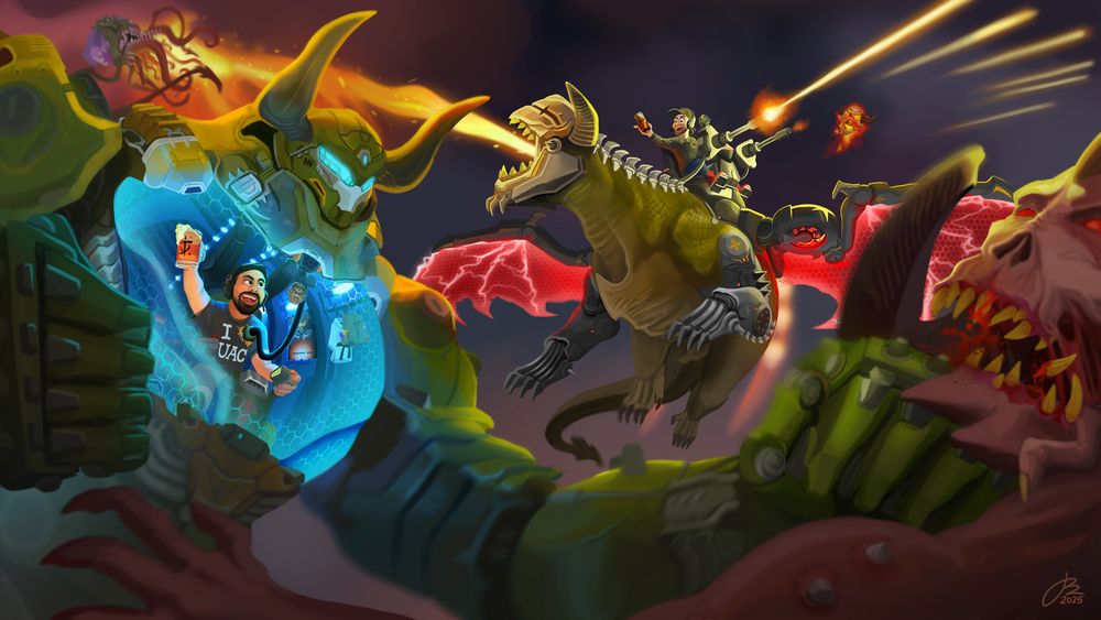 Image used as the thumbnail for Slayer Club Live Weekly Streams with Hugo Martin piloting the Atlan Mech and Joshua Boyle piloting Serrat the dragon from DOOM: The Dark Ages.