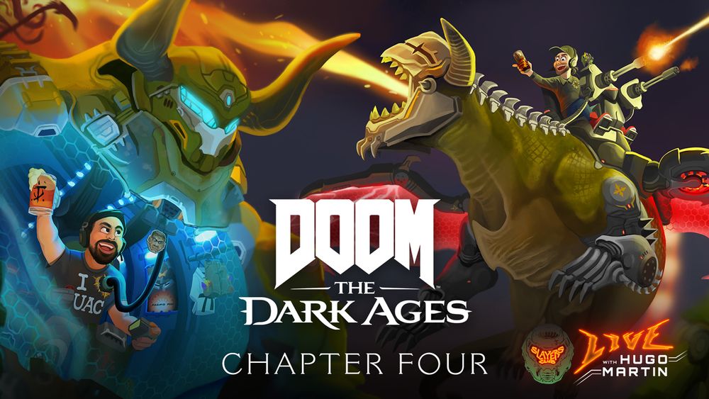 Image of a video thumbnail announcing the Slayers Club Live stream of DOOM: The Dark Ages. It features game director Hugo Martin piloting an atlan mech, and senior community manager Joshua Boyle piloting the DOOM Slayer's Dragon Serrat.