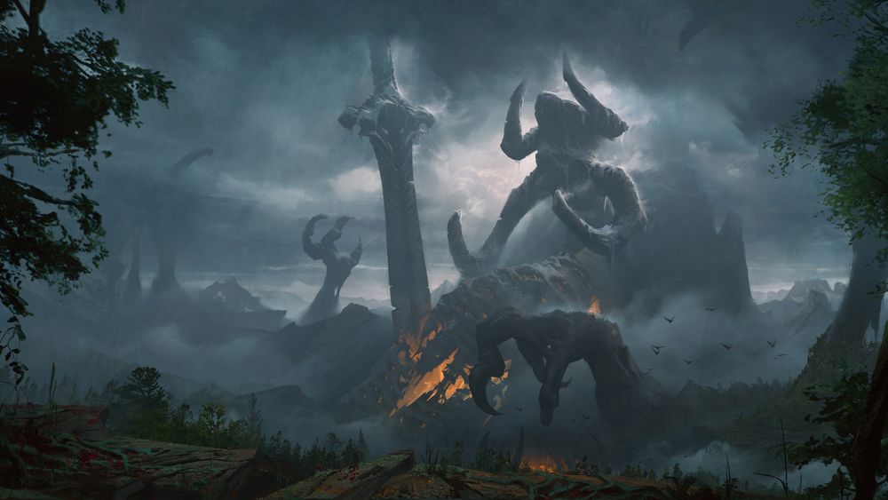 Image of concept art of “Ancestral Forge” from the upcoming game DOOM: The Dark Ages.
