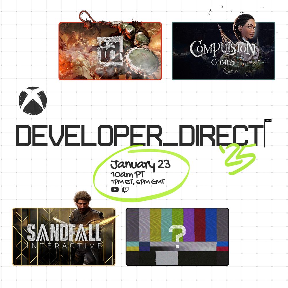 The words "Developer_Direct '25" appear in black centered on a whiteboard background, with the date and time "January 23, 10am PT, 1pm ET, 6pm GMT." Icons for YouTube and Twitch appear. Four boxes also appear, including one with the id Software logo.