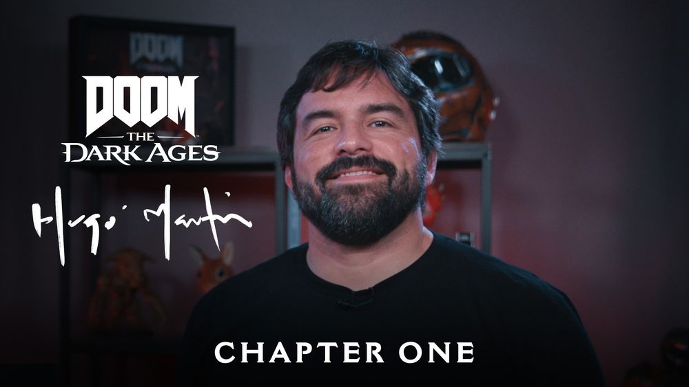 Image of Hugo Martin the game director of DOOM: The Dark Ages with the text below, "Chapter One" as a thumbnail for the Slayers Club Live livestream happening at 6pm ET tonight.