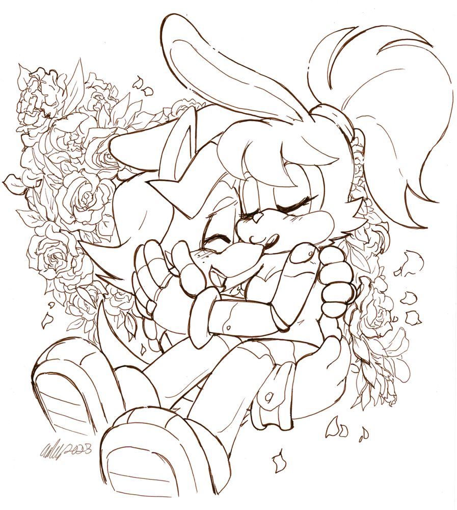 Antoine D'Coolette & Bunnie Rabbot from the Archie Sonic comics are embracing eachother. Bunnie is kissing Antoine on the nose while he laughs a little embarrassed. There's a rose backdrop