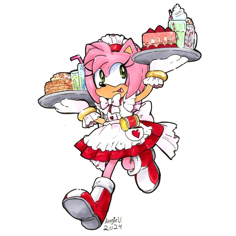 Amy Rose vs. Maid Cafe: Amy is in a frilly red & white maid outfit with a miniature piko piko hammer hanging out of her pocket. She looks happy as both of her arms are full of various drinks & desserts for her patrons.
