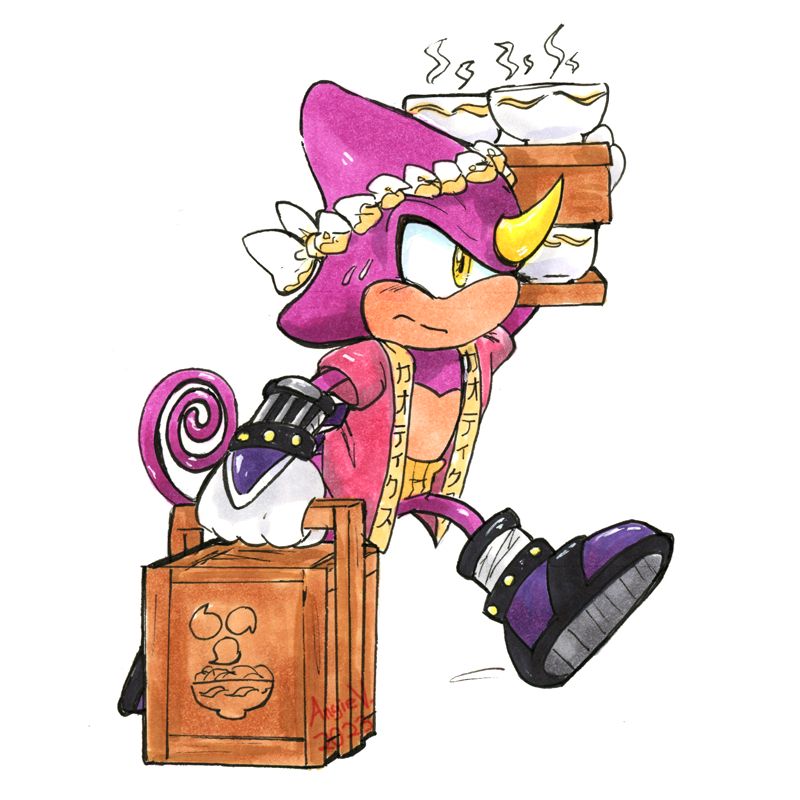 Espio the Chameleon vs. Ramen Delivery: Espio from the Sonic the Hedgehog series is dutifully carrying bowls of ramen. He looks very focused on trying not to drop them and they also seem heavy. He's wearing a hachimaki on his head & an open kimono top with "chaotix" embroidered on it. In his right arm are open bowls of ramen. In his left hand is a closed box of ramen for a customer he's delivering it to.