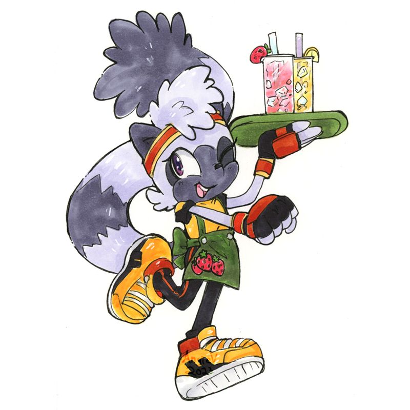 Tangle the Lemur vs. Juice Bar: Tangle from the IDW Sonic comics is holding a tray of fruit drinks in her right hand while her left fist is out as if giving someone a fist bump. She's in a sporty waitress outfit and is in a cheerful mood as she works.