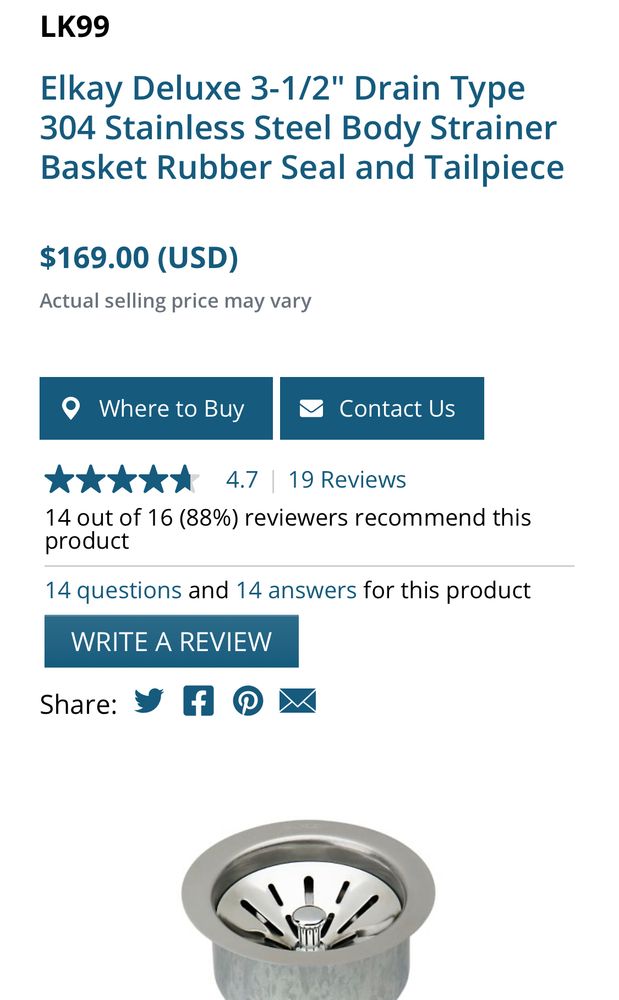 The sales page for the LK99 deluxe stainless steel body strainer from Elkay Products. It costs 169.00. 