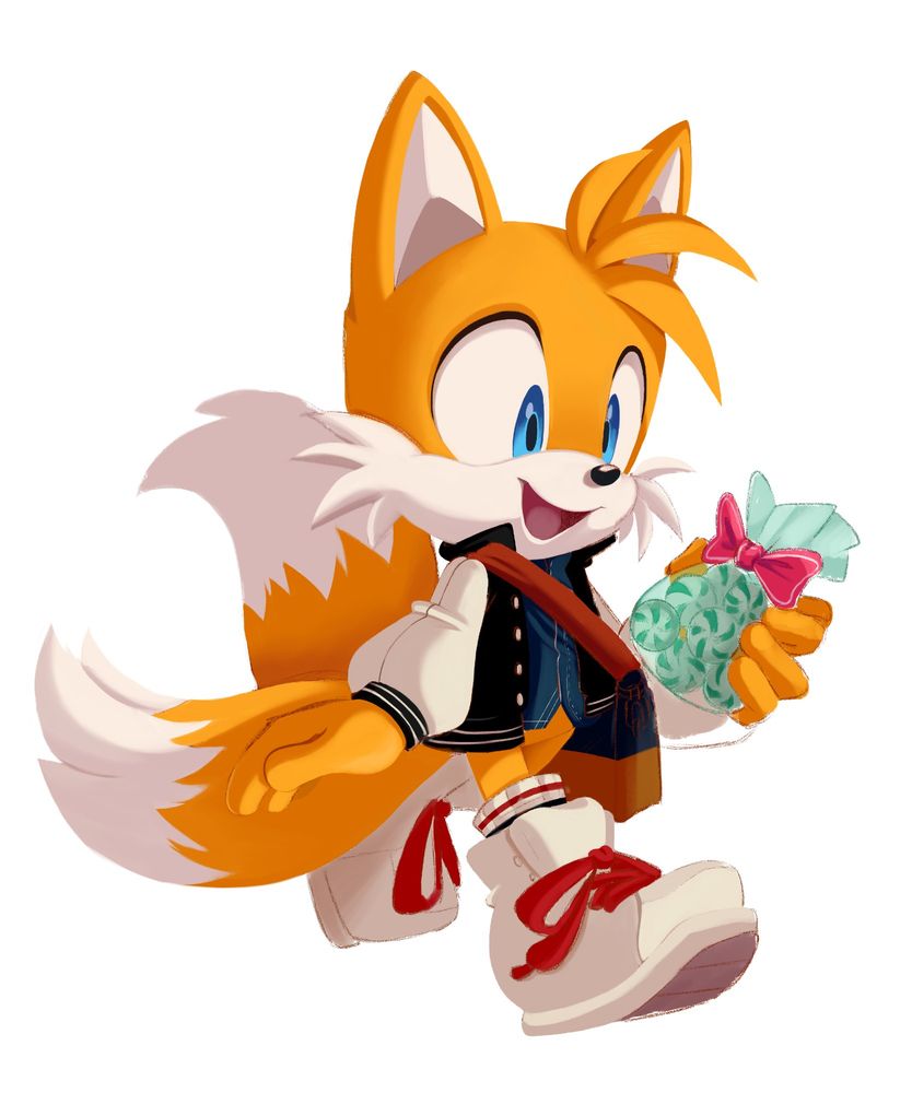 Unfinished drawing of Tails Miles Prower, he is walking with a happy expression holding a bag of mints.
He wears a jacket with white-colored sleeves while the rest of it is black with yellow details, he wears a blue shirt and carries a navy blue backpack with a brown base.
He wears white tennis shoes with red laces.