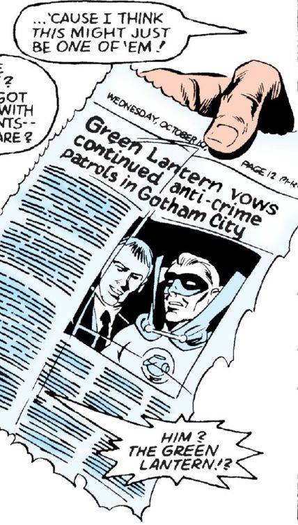 Newspaper headline: “Green Lantern vows continued anti-crime patrols in Gotham City”