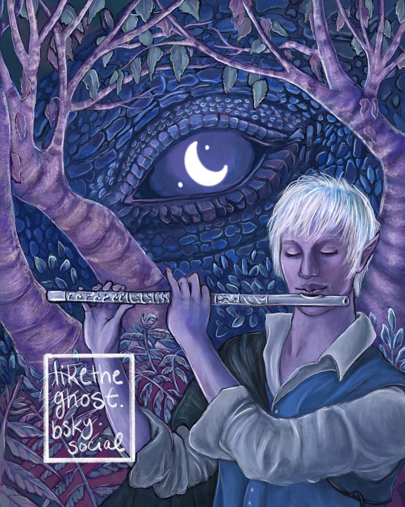 A depiction of a purple elf dude with white hair playing a flute in a forest at night. Behind him, a giant blue dragon's head can be seen from behind some trees. The dragon's eye reflects the moon. Color scheme is blue, purple, with some silvery green. 