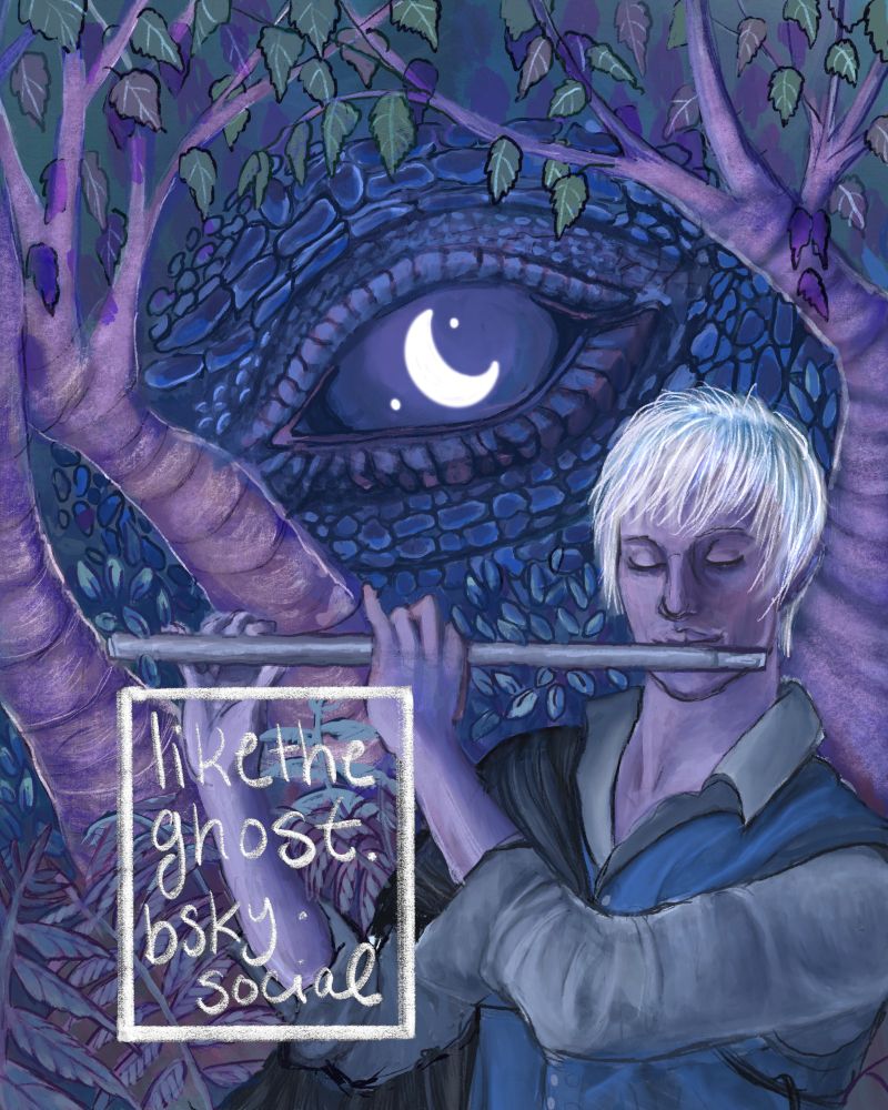 A flutist plays, apparently heedless of the giant reptilian eyeball behind him, which is reflecting a crescent moon. The scene is crammed with ferns, birch trees and other plants. Color scheme is blue, green, purple, silver. 