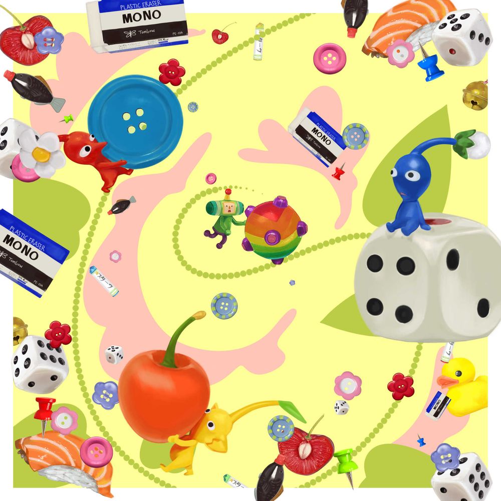 Collage style painting of many common Pikmin and Katamary Damacy objects/items with the prince, blue pikman, yellow pikman, and red pikman collecting items
