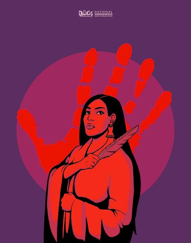 An illustration of an Indigenous woman holding a feather in front of a red handprint in a red and purple color scheme. By Tlingit artist Nick Alan Foote.