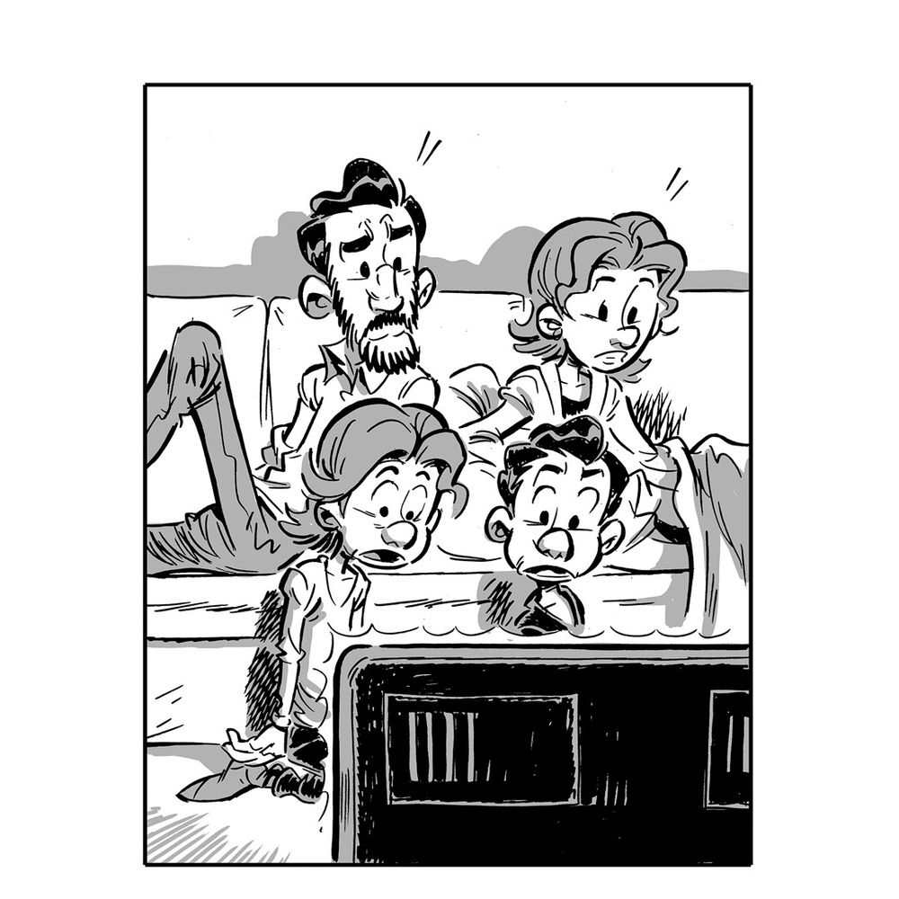 Die Familie sitzt auf dem Sofa vor dem Fernseher. Die beiden Kinder mit weit aufgerissenen Augen und angstvollem Blick.