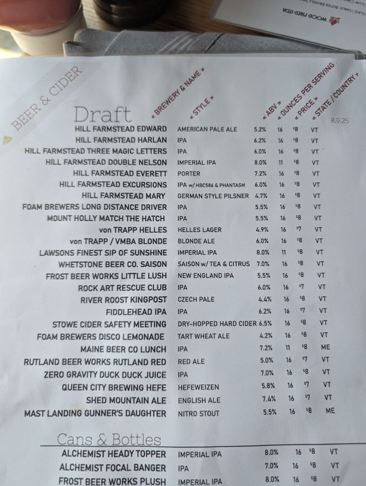 Beer menu, The Bench in Stowe, VT