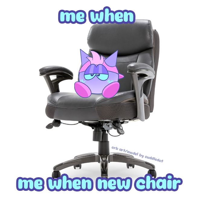 a small pastel purple orb creature with cyan eyes and pointy ears wearing a pink backwards hat sitting in (a real photo of) a grey leather office chair with the text "me when ... me when new chair" overlayed on top. orb art and model by cuddledot.