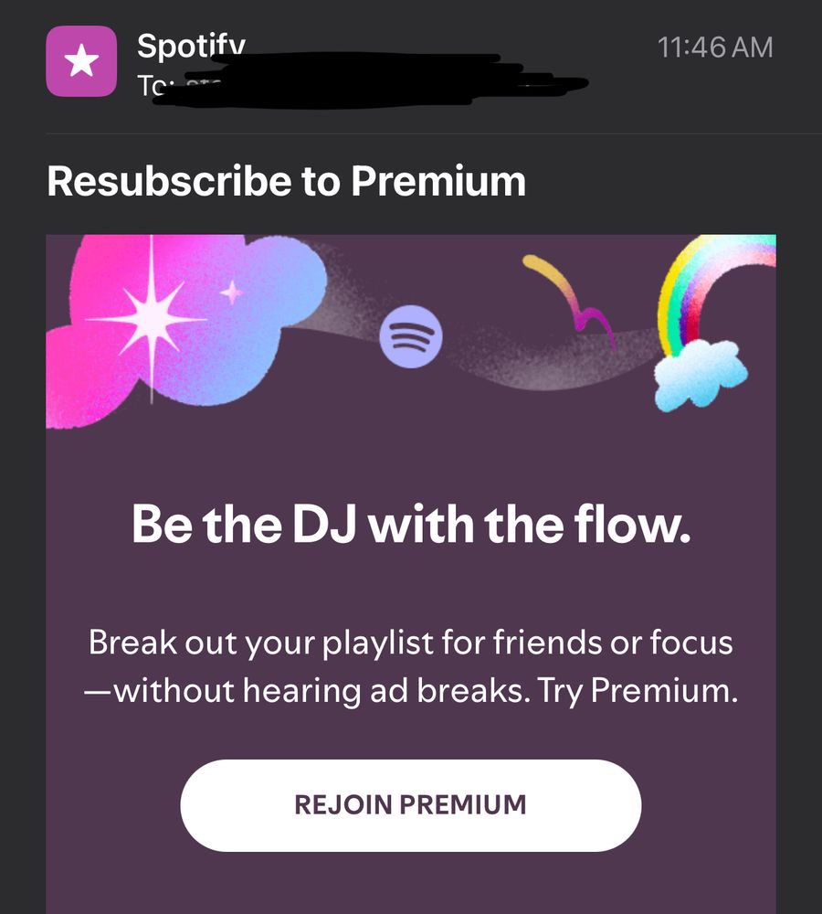 a screenshot of an email from spotify begging me to rejoin premium