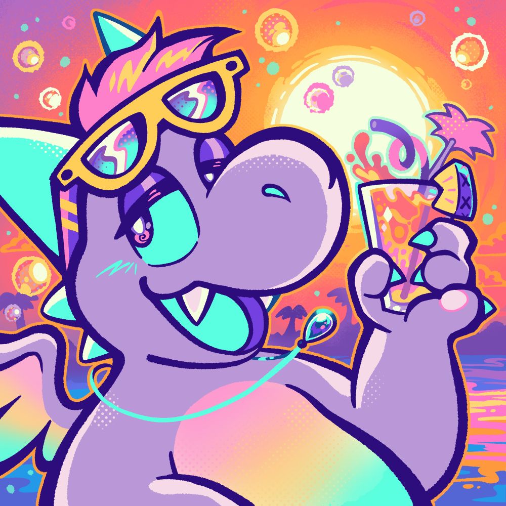 a pastel purple dragon with rainbow gradient tummy and feathered wings, cyan horns/spikes/claws, and pink hair wearing yellow sunglasses on their head and holding up a tropical drink with a beautiful orange sunset reflecting on water with silhouettes of islands and bubbles floating in the background