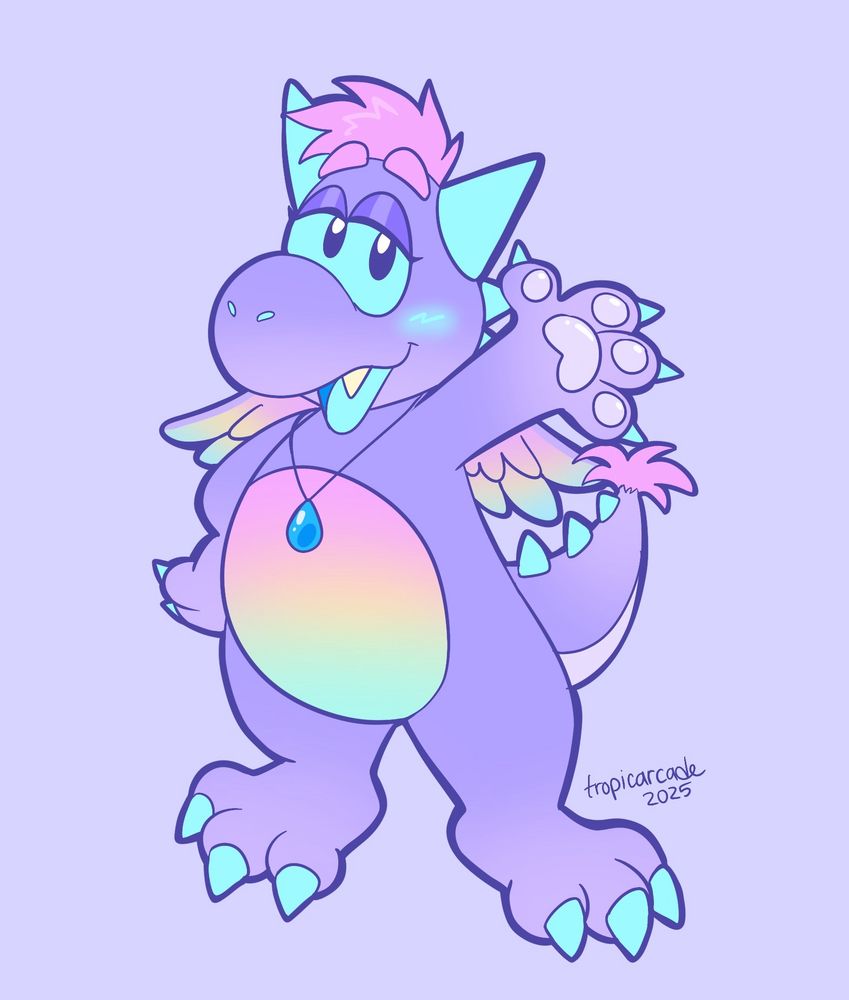 a pastel purple cartoon dragon standing looking at the viewer and waving. they have a rainbow pastel gradient on their tummy and wings, pink hair tufts on their head and tail, cyan spikes/claws/horns and they are wearing a water drop pendant necklace.