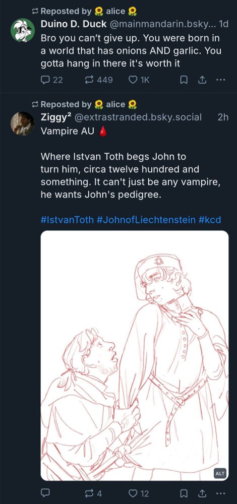 a screenshot of two successive reposts. the first is about the beauty of garlic; the second is digital art of two vampires in an emotionally fraught pose. 🦇🧄🦇🧄🦇🧄