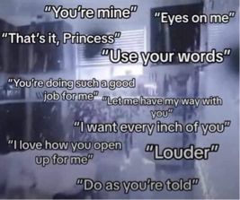 "You're mine"
"Eyes on me"
"That's it, Princess"
"Use your words"
"You're doing such a good
job for me" "Let me have my way with
you"
"I want every inch of you"
"I love how you open up for me"
"Louder"
"Do as you're told"