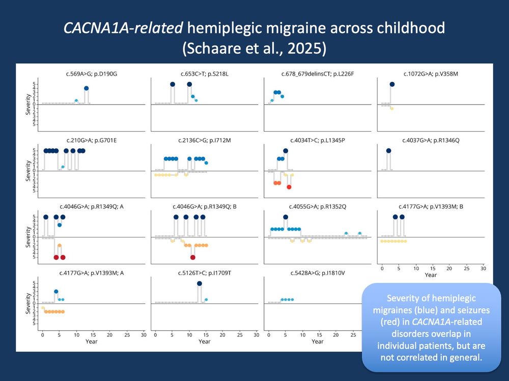 Figure 1. Longitudinal trajectories and severities of hemiplegic migraines and seizures in individuals with pediatric CACNA1A-related disorders. All events are plotted left to right, with graphs starting at age 0. (Note: Multiple events within a year were collapsed into 1 event.) Intensity is ranked from 1 (mildest—smallest dot and lightest color) to 5 (most severe—largest dot and darkest color). Above the x-axis: hemiplegic migraine (HM) events (shades of blue). Below the x-axis: seizures (shades of yellow to red). Each individual demonstrated a unique pattern. A noteworthy finding was that no HM events occurred before the age of 1 [modified author manuscript from Schaare et al., 2025 under a Creative Commons Attribution-Non Commercial-No Derivatives License 4.0 (CCBY-NC-ND)]