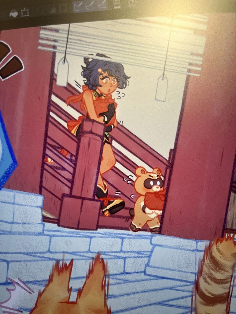 Xiangling can be seen running downstairs with Guoba and their takeouts, going to their next delivery location.