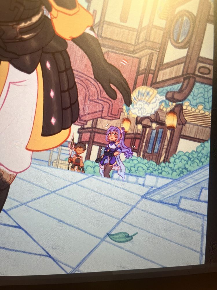 Keqing is seen a little far away, just leaving Xinyue Kiosk. Even farther than her is a random millelith guard.