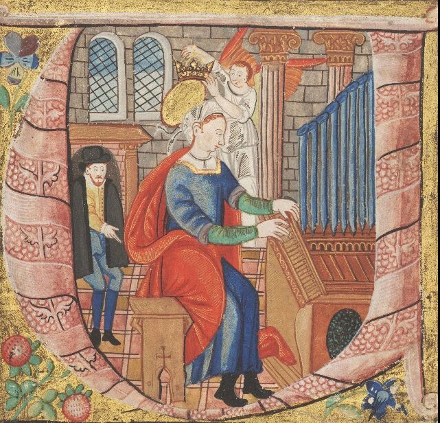 A picture of Saint Cecilia, the patron saint of music, playing an organ. 