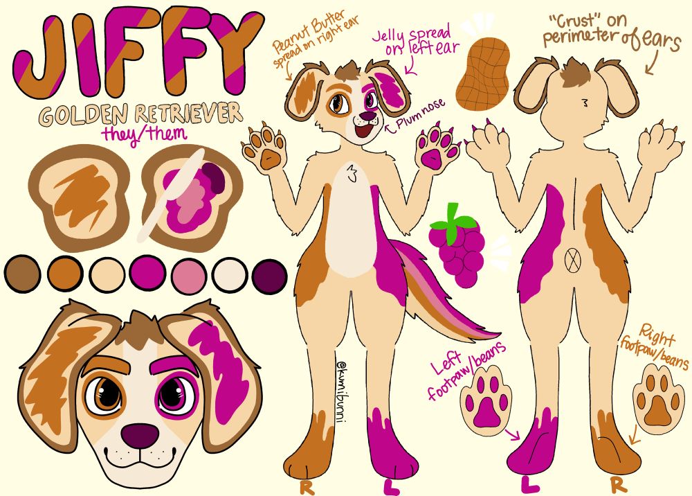 ref sheet for peanut butter and jelly themed golden retriever