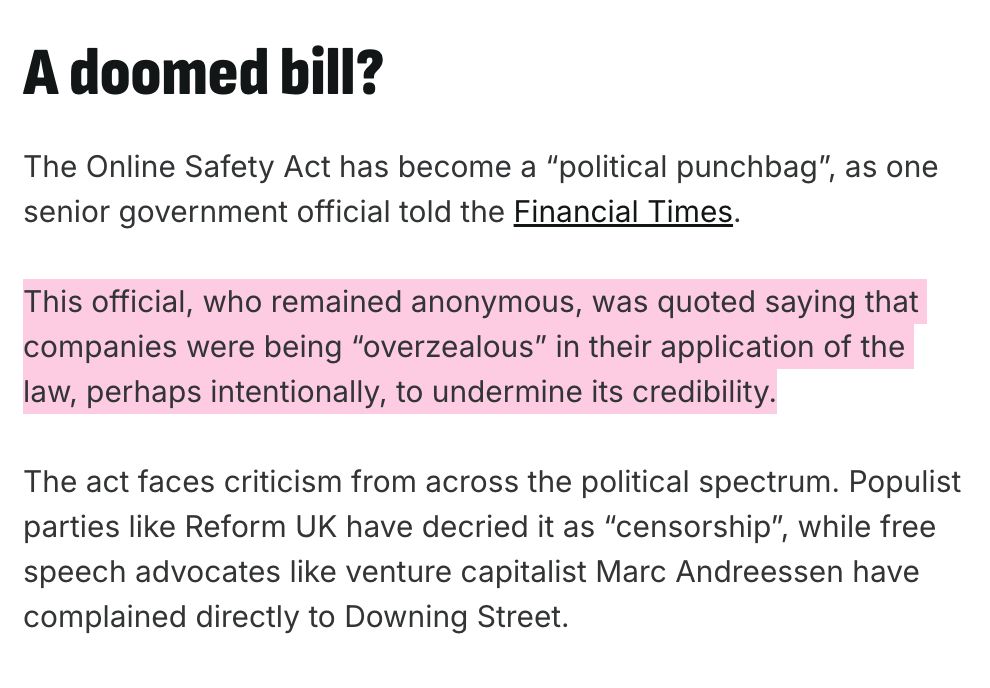 The Online Safety Act has become a "political punchbag", as one senior government official told the Financial Times.
This official, who remained anonymous, was quoted saying that companies were being "overzealous" in their application of the law, perhaps intentionally, to undermine its credibility.