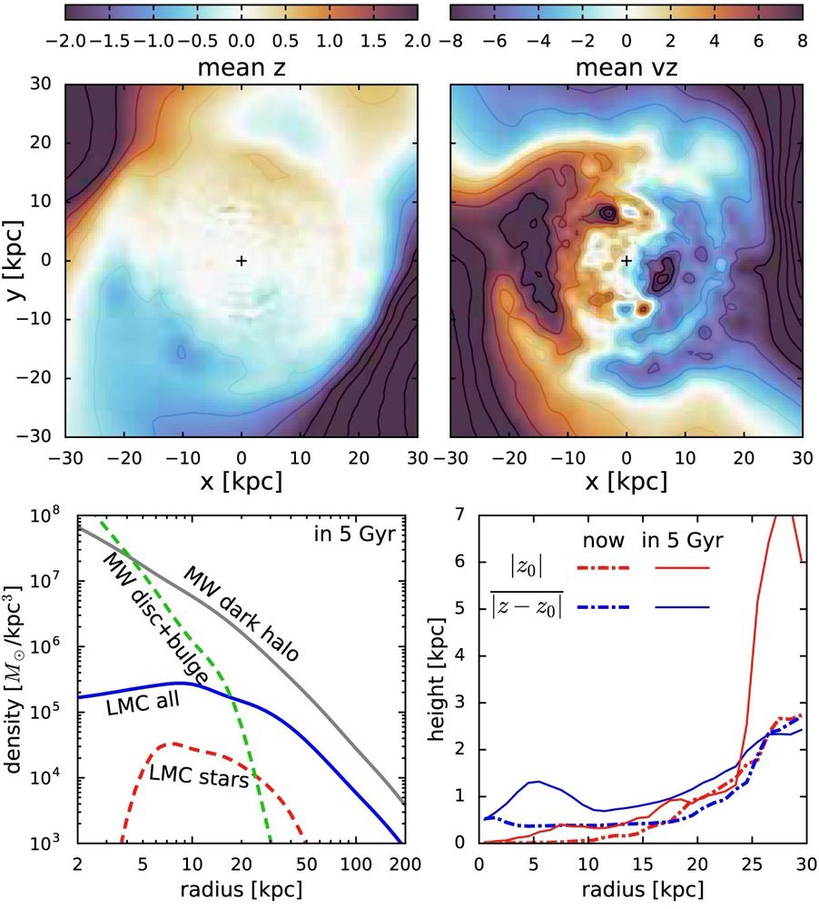 Effect of the LMC on the Milky Way disc in the future (5 Gyr from now), when the LMC is fully disrupted. Please see the paper for the full caption.