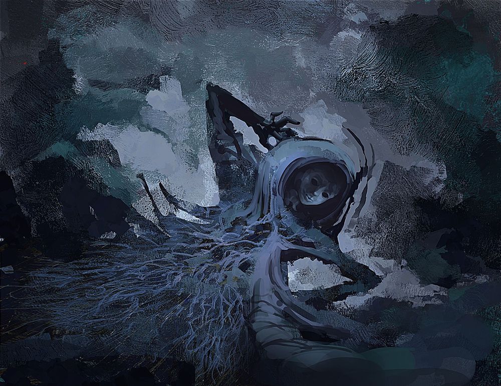 digital painting of an amorphous figure, veins or tendrils running down its body. it has a masked face