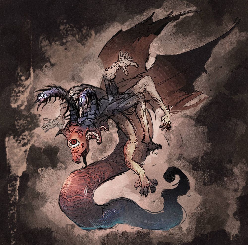 illustration of a serpent-like creature with two wings, 5 arms, two centipedes petruding out of its head, and three mouths. 