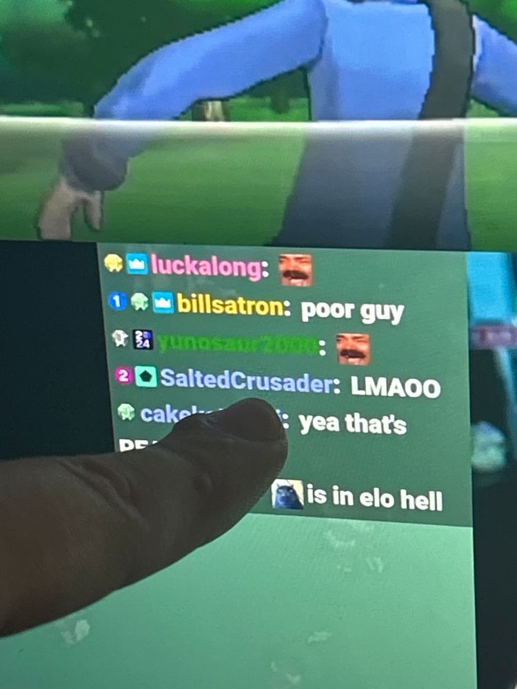 Photo of me pointing to my name, SaltedCrusader, in a twitch chat. My message says 