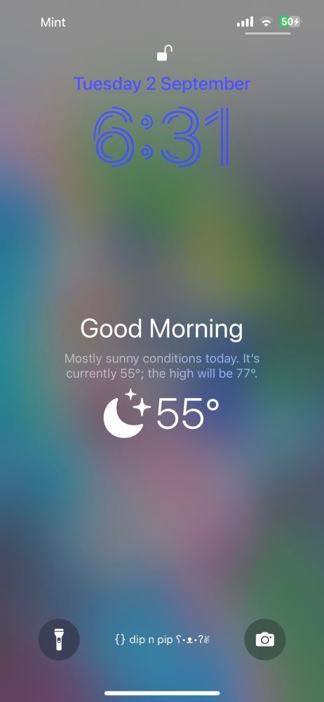 My iPhone lockscreen Tuesday 2 September 6:31 AM Good Morning Mostly sunny conditions today. It's currently 55°F; the high will be 77°F. Below is a moon and stars icon next to 55°F