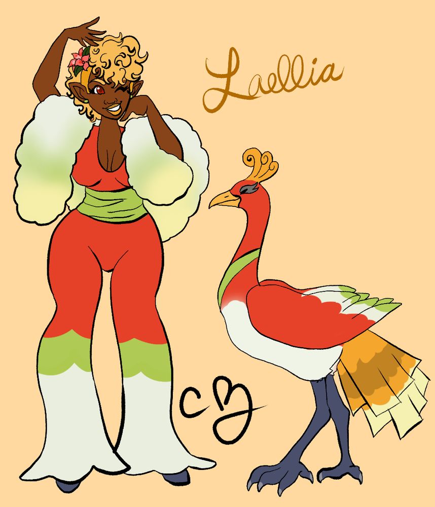 A young woman dressed in a... what is it called. A jumpsuit? Is dancing next to her pokemon form, a Ho-Oh that kinda resembles a peahen. They are one in the same.