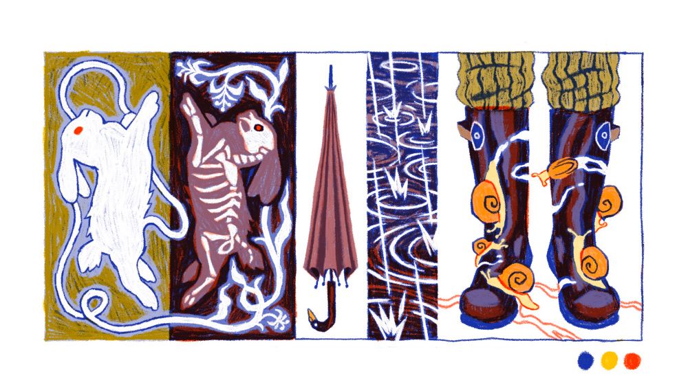 [a series of panels] a rabbit’s umbilical cord wrapping around its skeletal twin and blossoming into flowers; an umbrella with a fucking sick bird handle; heavy raindrops casting ripples across water; snails crawling over somebody’s wellington boots and leaving a damn mess 