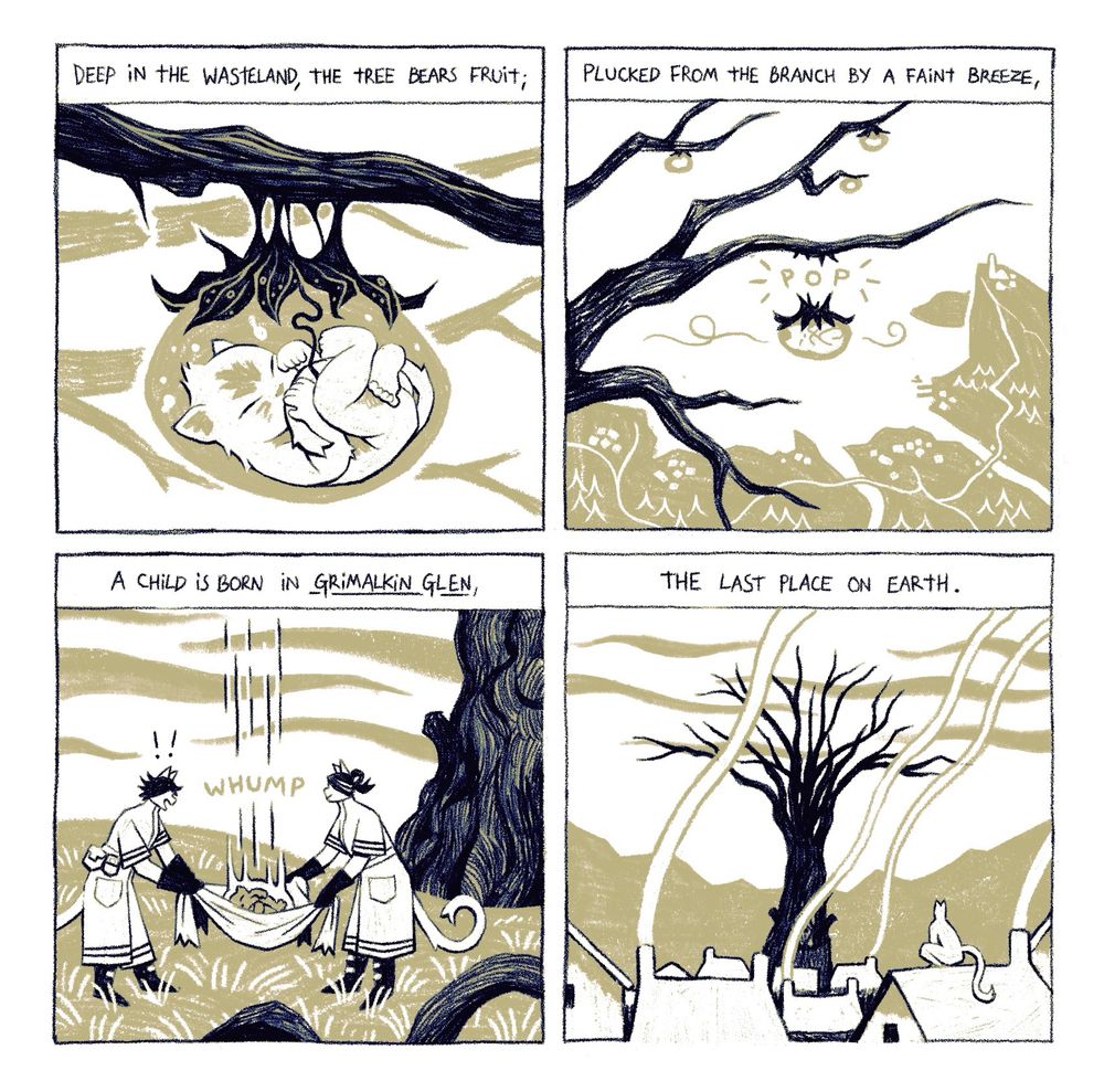 4 panel comic of a kitten being birthed from the branches of a huge tree 
