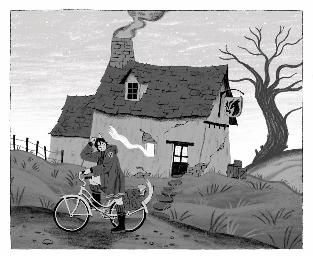 catgirl dismounts her bike in front of a rickety tavern. there’s a huge tree in the distance. the sun is setting & you can just about see the stars