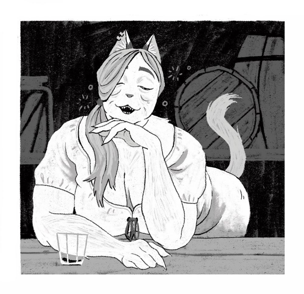 catgirl barmaid, drunk, leans over the counter in a flirty manner