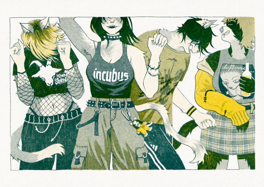 riso print of 4 catgirls wearing various items of nu metal alternative fashion