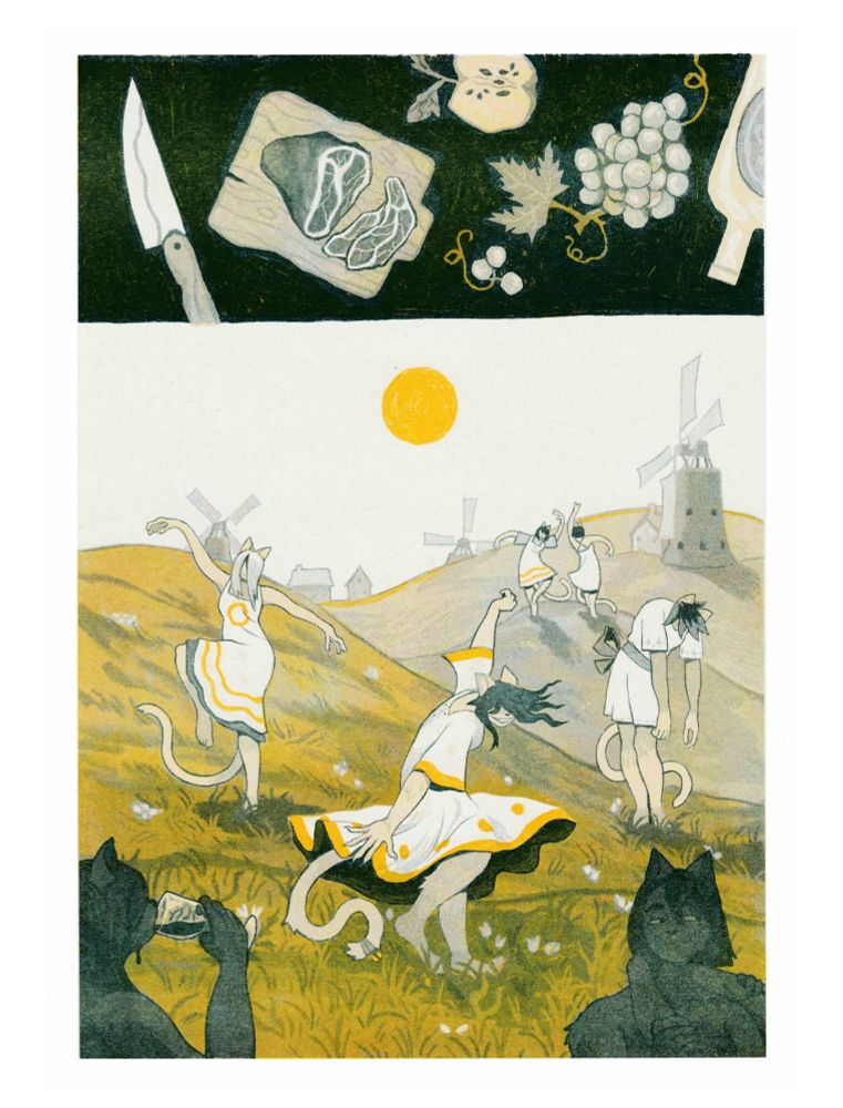 risograph print of various catgirls in white robes dancing & drinking against a backdrop of hills and windmills, a big sun hanging in the sky like an egg yolk. the scene is framed above by a spread of food and drink