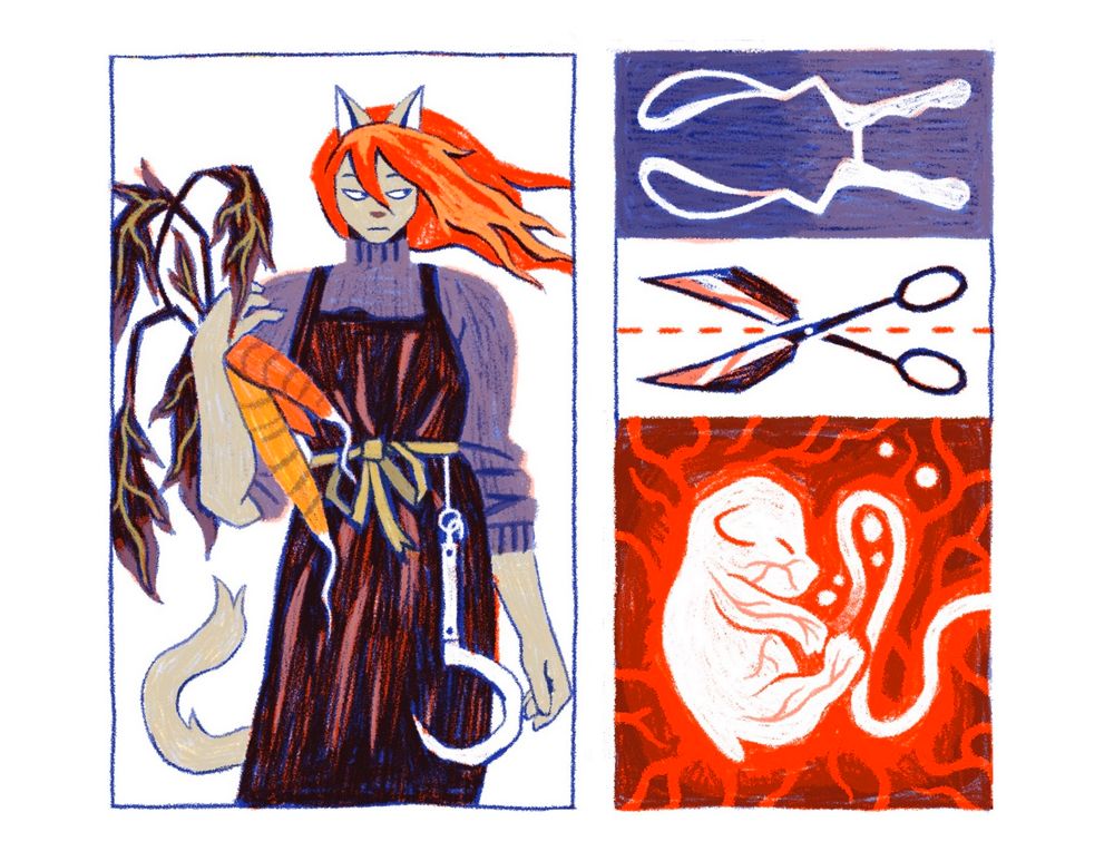 Catgirl farmer in a sweater and apron, sickle hanging from its belt, holding a bundle of root vegetables; a set of midwife’s forceps & scissors; a baby in the womb 