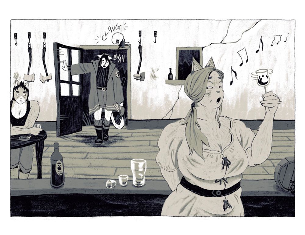 exasperated catgirl throws open the door of a tavern. a barmaid is busy inspecting a drink & singing as she glances towards her