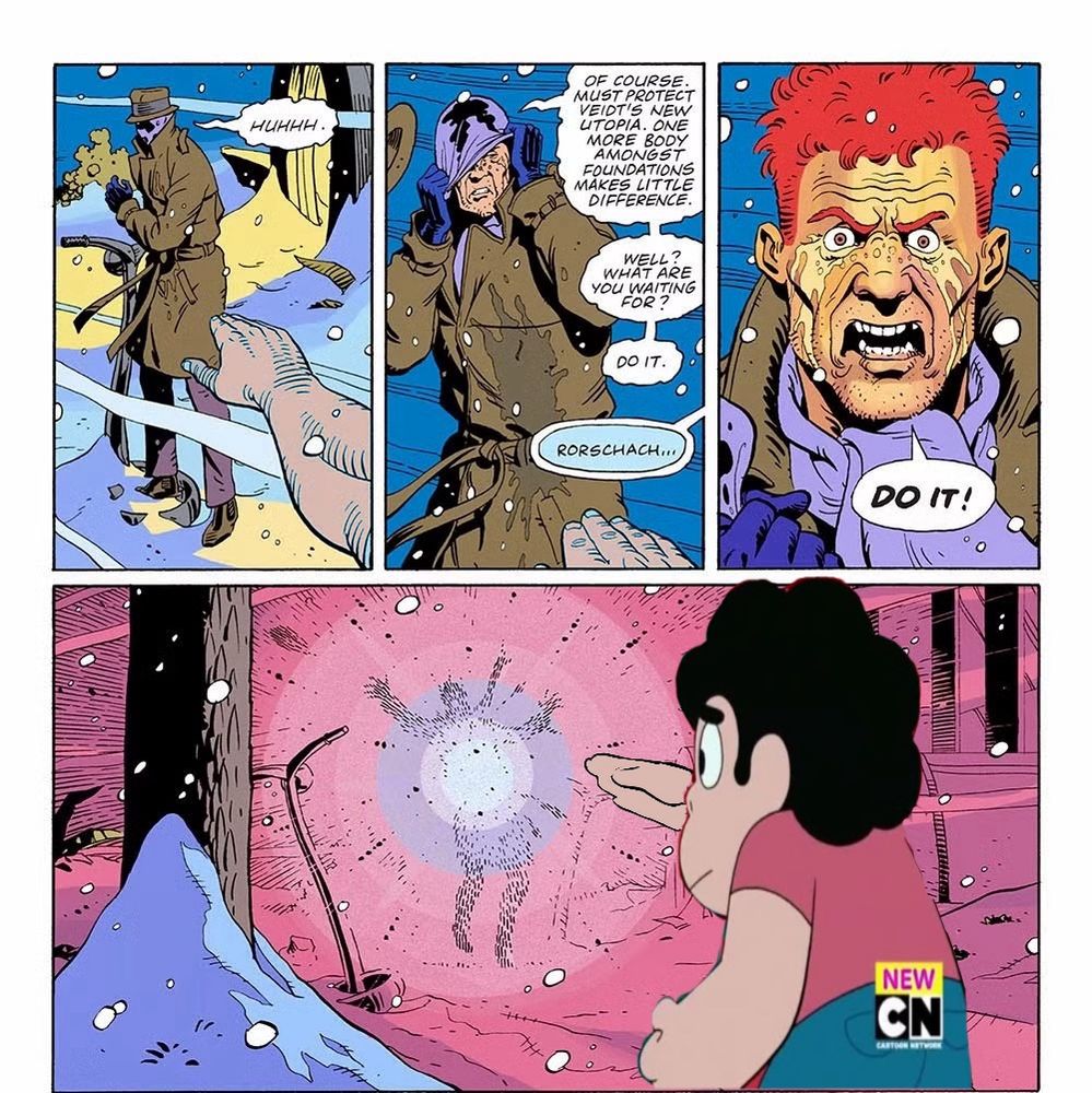 edit of the page from watchmen where doc manhattan vaporises rorschach but manhattan is steven universe 