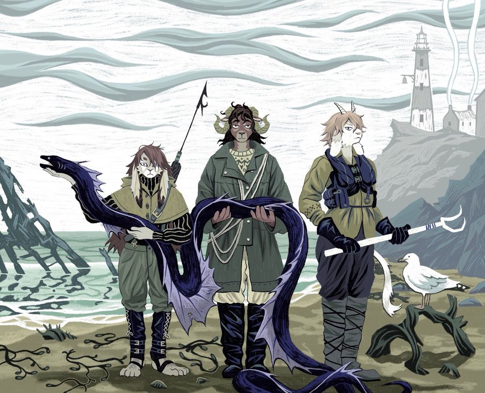 commission of a rabbit, a ram, and a goat on the beach holding a large eel