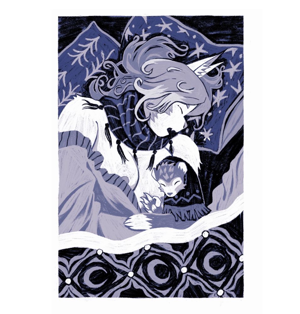 catgirl sleeping in bed with a ferret. she’s wearing a scarf + a cardigan and unfortunately a tit is hanging out