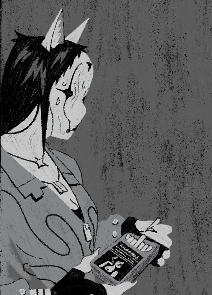 catgirl in jumpsuit and mask picking a cigarette
