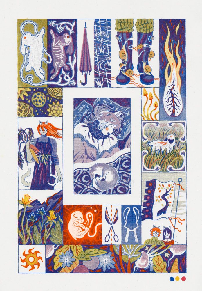 risograph print of various spring-themed panels; a rabbit, a rabbit skeleton, an umbrella, rain, snails on boots, a burning fir, mushrooms, a newborn lamb, two cats flying a flag, seasonal vegetables, the sun, birthing calipers, midwife’s shears, baby creature in womb, daffodils in front of mountain, farmer with an armful of root veg, pollen; in the middle of these is a panel of a catgirl and a stoat sleeping with a colder colour palette